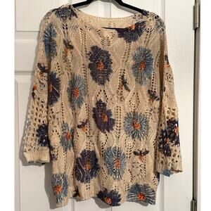 Plus Curvy XL Knit Tan Tunic Crochet Sweater Blue Flowers Dragonflies